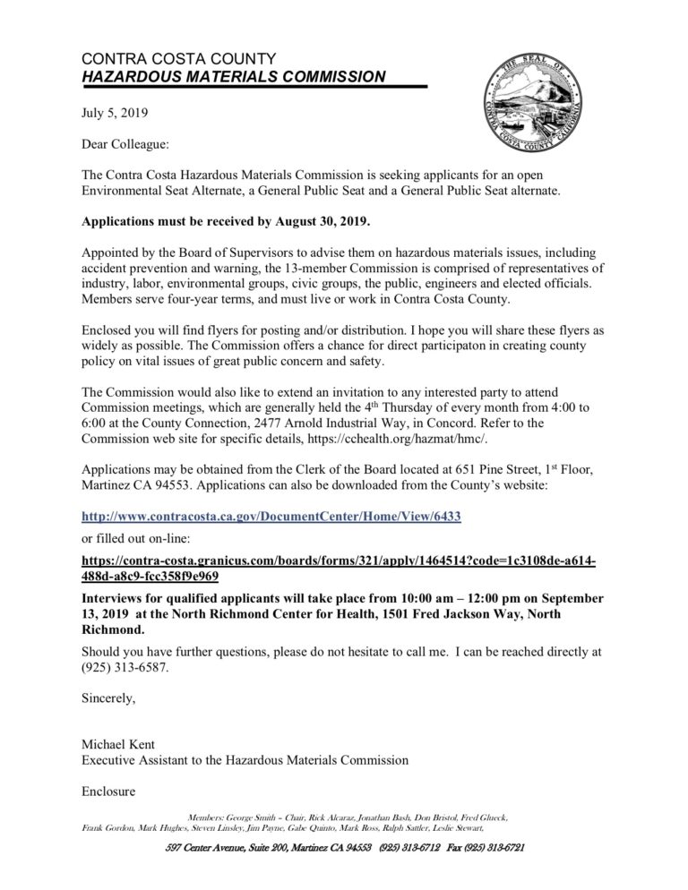 Hazardous Materials Commission seeking Contra Costa Applicants