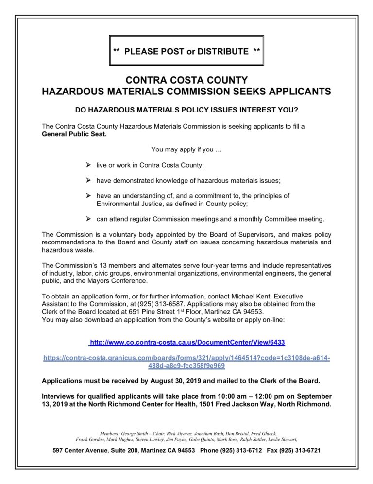 Hazardous Materials Commission seeking Contra Costa Applicants